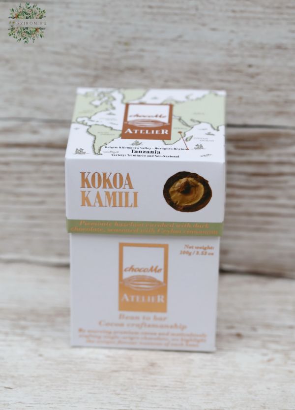 ChocoMe Atelier Kokoa Kamili kakaóbabból készült étcsokoládéval bevont Piemonte-i mogyoró Ceylon fahéjjal fűszerezve 100g