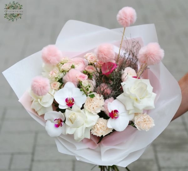 Crescent moon bouquet with soft balls, orchids, reflexed roses