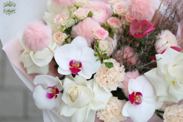 Crescent moon bouquet with soft balls, orchids, reflexed roses