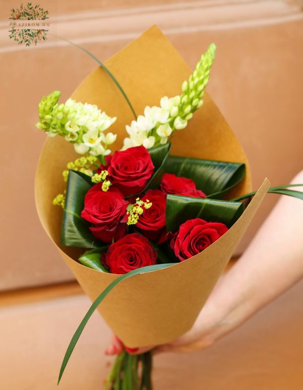 Red roses with ornithogalum in kraft paper cone (7 +2 stems)