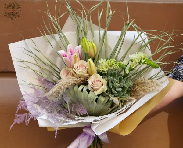 Natural bouquet with furry echeveria, roses, lilies