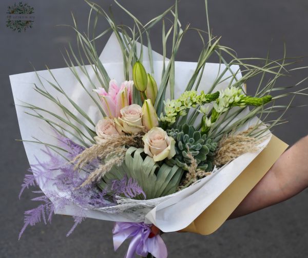Natural bouquet with furry echeveria, roses, lilies