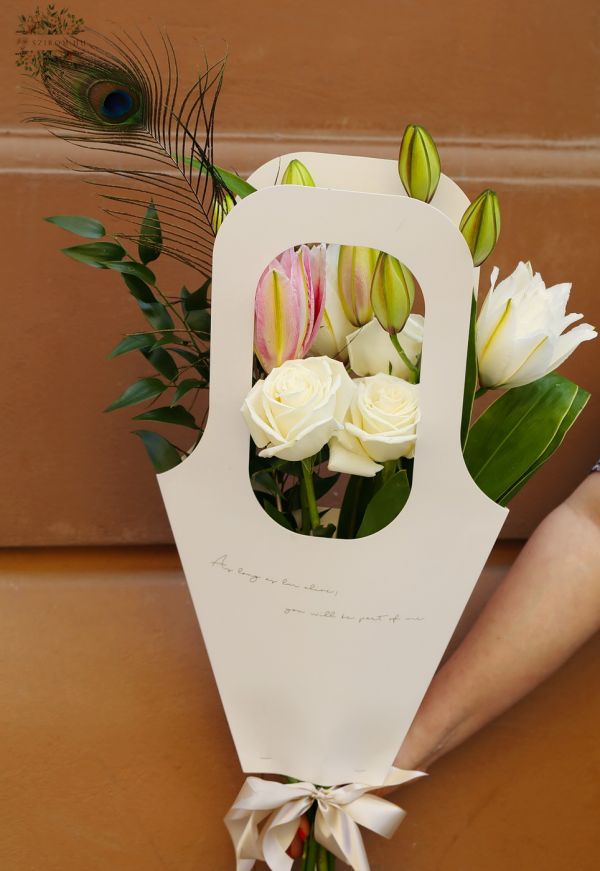 Portable bag bouquet with lilies, roses, peacoc feather