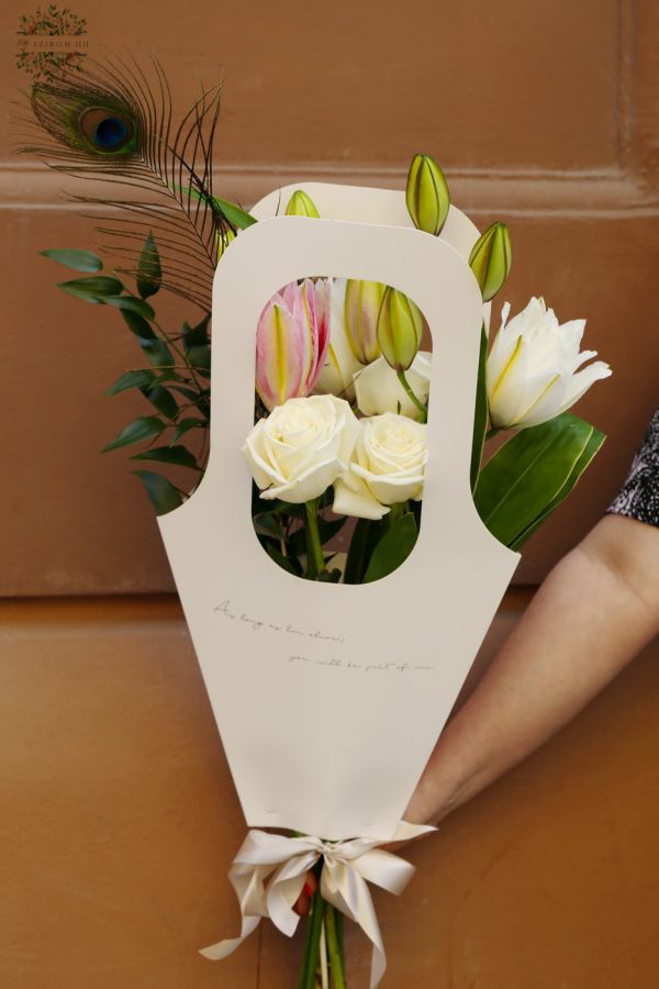Portable bag bouquet with lilies, roses, peacoc feather