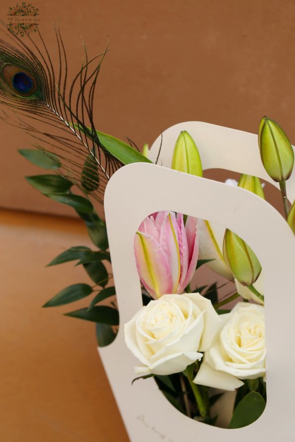 Portable bag bouquet with lilies, roses, peacoc feather