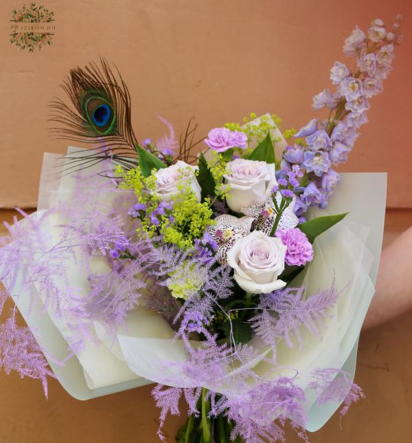 Lavender purple bouquet with orchids, delphiniums, roses