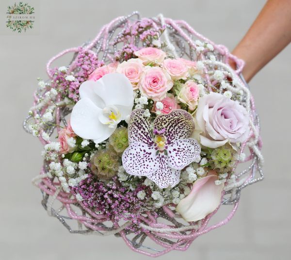 Small handmade bouquet with orchids, in a spaghetti wool cord bouquet base
