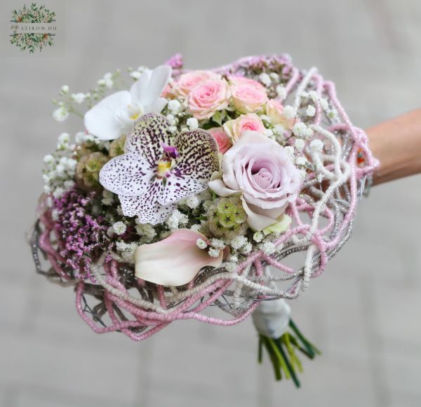 Small handmade bouquet with orchids, in a spaghetti wool cord bouquet base