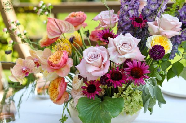 Romantic crescent moon shaped summer wedding centerpiece flower bowl (English rose, orchid, delphinium, calla, seasonal flowers, purple, peach)
