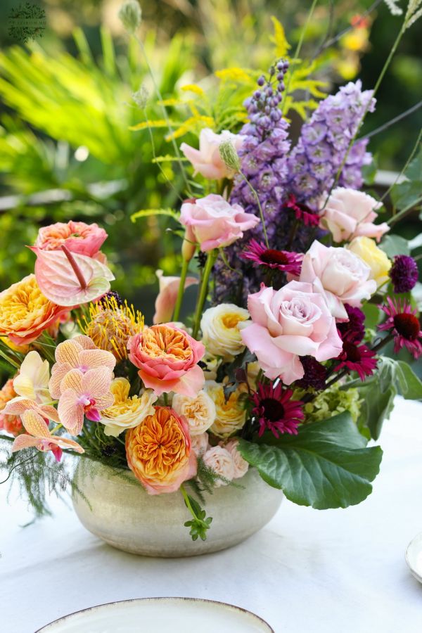 Romantic crescent moon shaped summer wedding centerpiece flower bowl (English rose, orchid, delphinium, calla, seasonal flowers, purple, peach)