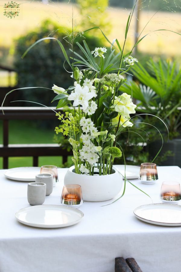 Elegant white - green wedding, event table flower decoration centerpiece with double petal roselilies (delphinium, lily, ornithogalum, rose)