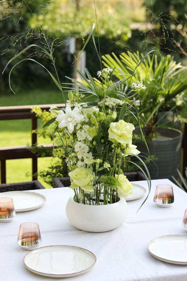 Elegant white - green wedding, event table flower decoration centerpiece with double petal roselilies (delphinium, lily, ornithogalum, rose)