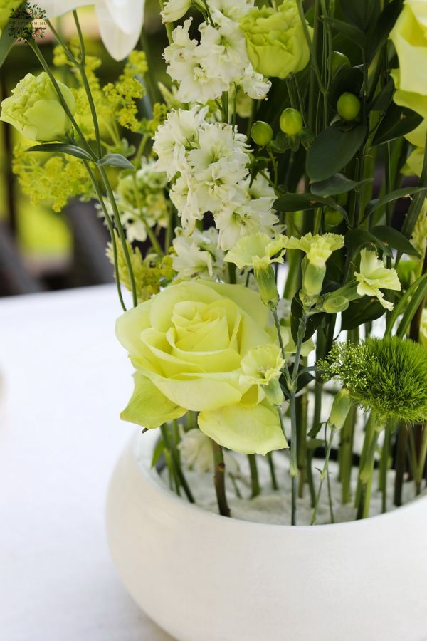 Elegant white - green wedding, event table flower decoration centerpiece with double petal roselilies (delphinium, lily, ornithogalum, rose)