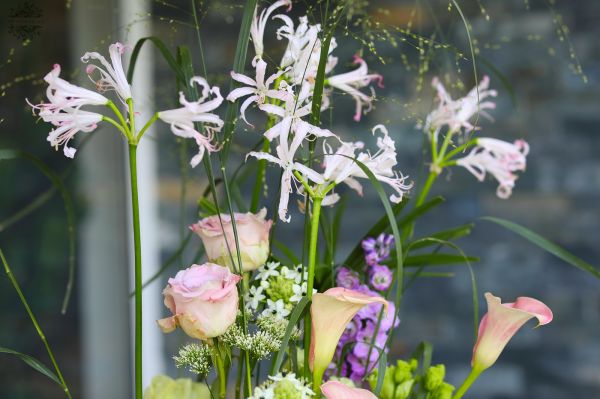 Modern airy wedding, event centerpiece, base with vials (purple, green, calla, rose, nerine, delphinium, lisianthus)