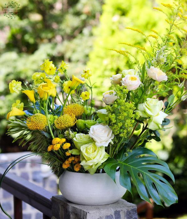 Large wedding event table decoration or centerpiece, crescent-shaped (yellow, calla, rose, leucospermum, lisianthus, English rose)
