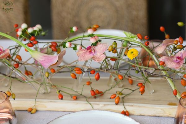 Modern fiolás asztaldísz esküvőre, rendezvényre (csipkebogyó, orchidea, kála, anthurium, rózsaszín, barack, piros)