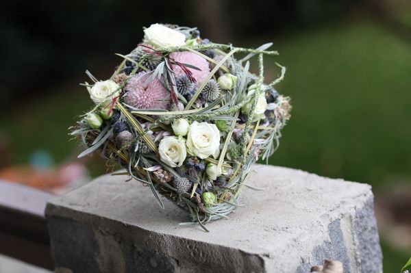 Modern cube bridal bouquet (blue, white, pink, chrysanthemum, rose)