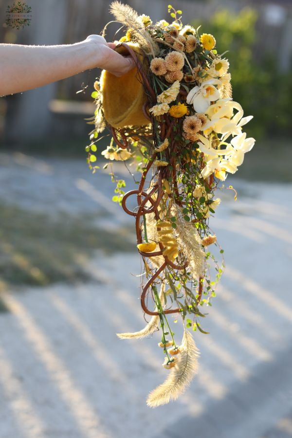 Modern wedding cascade muff bridal bouquet, rustic (crisp, orchid, yellow, peach, cream, brown)