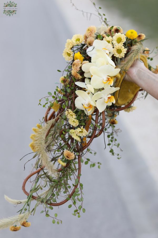 Modern wedding cascade muff bridal bouquet, rustic (crisp, orchid, yellow, peach, cream, brown)