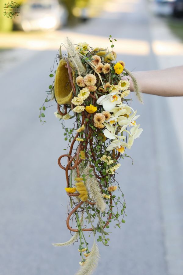 Modern wedding cascade muff bridal bouquet, rustic (crisp, orchid, yellow, peach, cream, brown)