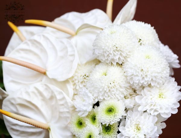Moderner Brautstrauß mit Anthurie und Kugelchrysantheme (weiß)
