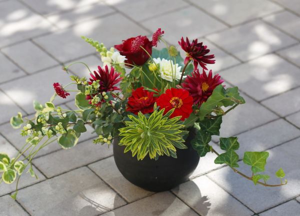 Autumn arrangement with dahlias in ceramic ball pot (11 stem)