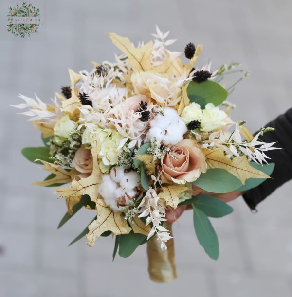 Autumn winter bridal bouquet, with Nude rose, dried flowers and cotton (nude, white)