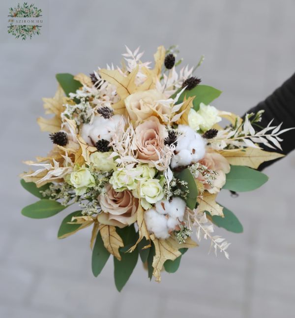 Autumn winter bridal bouquet, with Nude rose, dried flowers and cotton (nude, white)