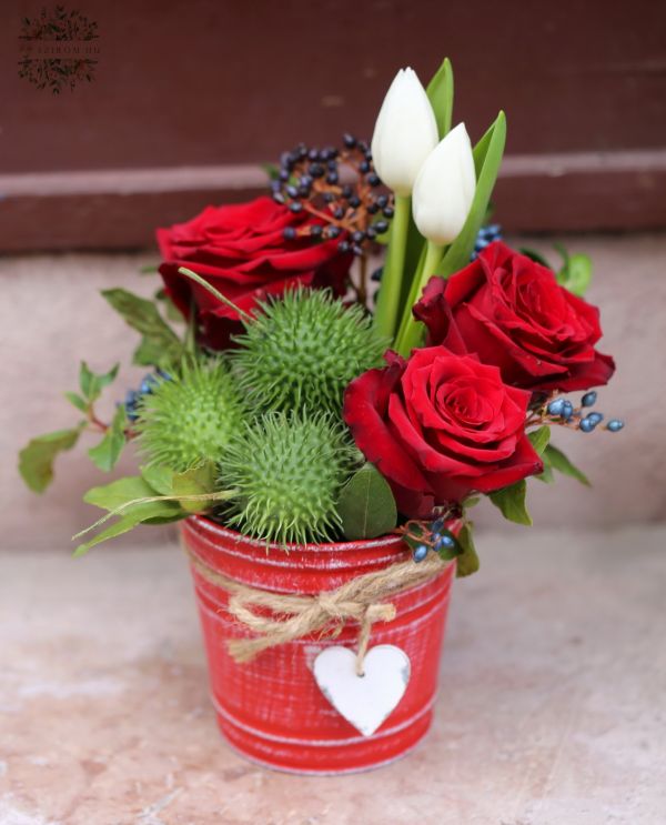 Metal bowl with heart, red roses, tulips, cucurbits