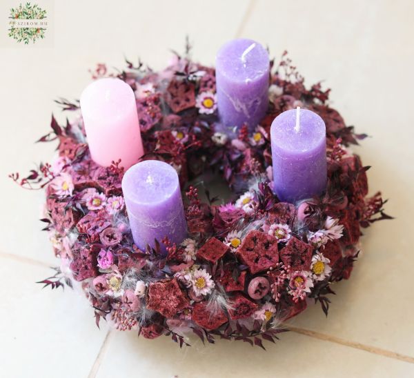 Traditioneller lila-rosa Adventskranz mit Blumen (35cm)