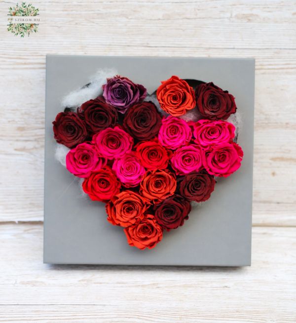 everlasting roses in a bright colors in a gray box