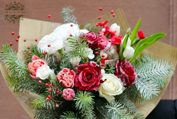 Mikulás csokor piros-fehér virágokkal