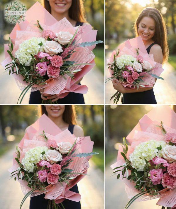 Rózsaszín csokor hortenziával, rózsával, liziantusszal - original product photo with AI background