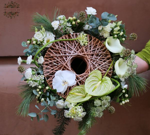 Winter bouquet with rope bouquet base, with orchid and white flowers