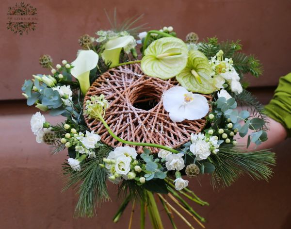 Winter bouquet with rope bouquet base, with orchid and white flowers