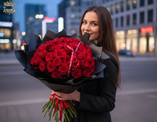 40 vörös rózsa fekete papírral - original product photo with AI background