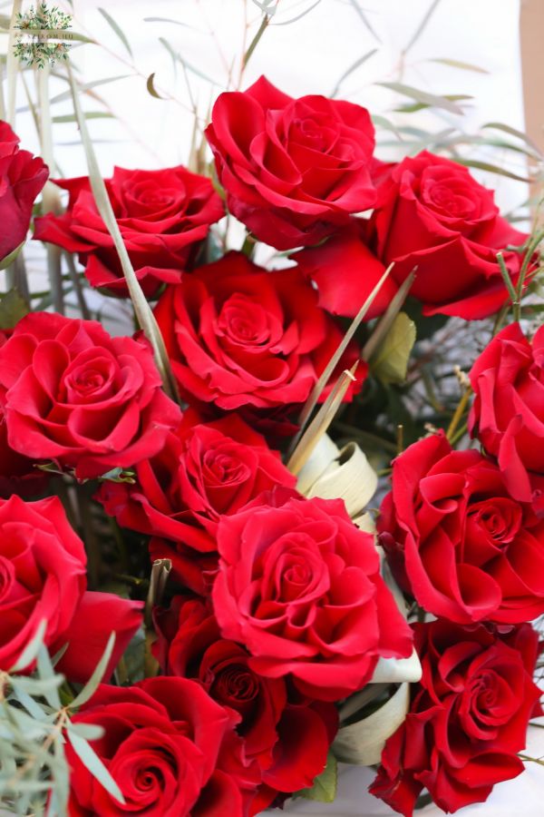 Modern rustic red rose bouquet with reflexed (folded petal) roses (15 flowers)
