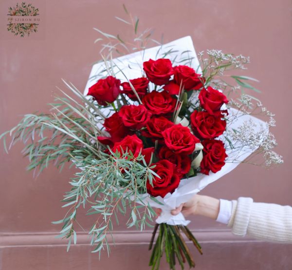 Modern rustic red rose bouquet with reflexed (folded petal) roses (15 flowers)