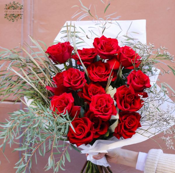 Modern rustic red rose bouquet with reflexed (folded petal) roses (15 flowers)