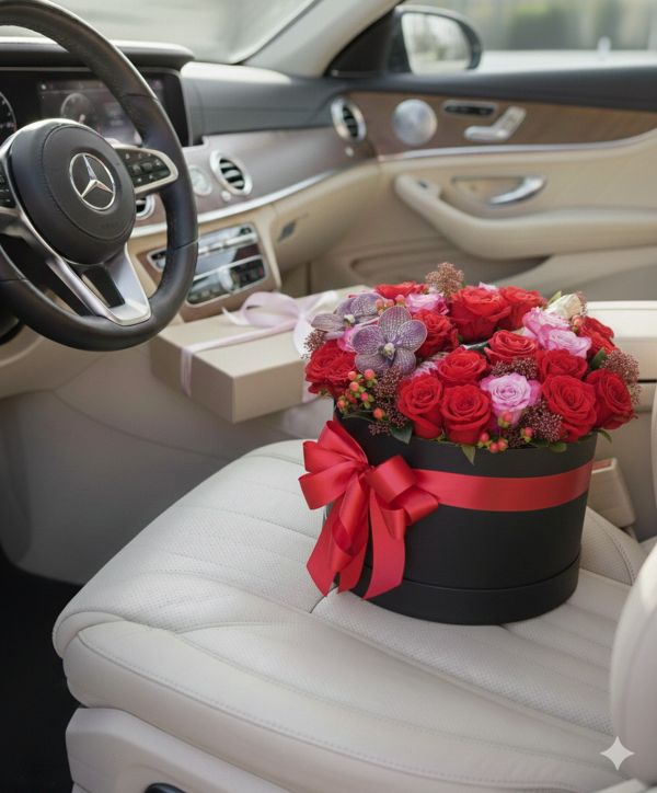 Romantikus vörös pezsgős rózsadoboz orchideával (27 rózsa, 2 orchidea, apró virágok) - original product photo with AI background