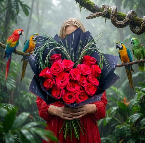 Herzförmiger Strauß roter Rosen (17 Blumen) - original product photo with AI background