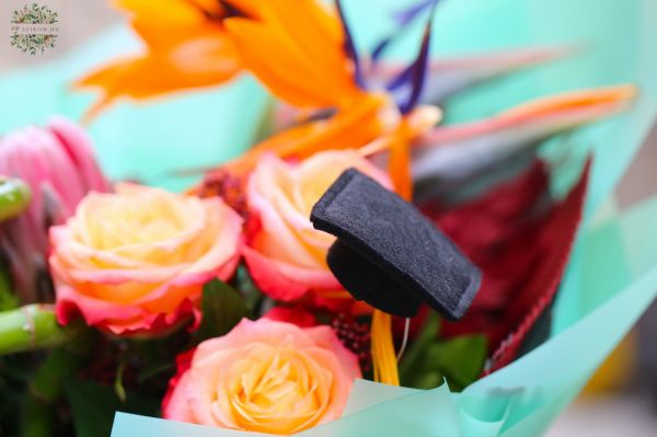 Abschlussstrauß mit tropischen Blumen (Strelitzie, Protea, Glücksbambus)