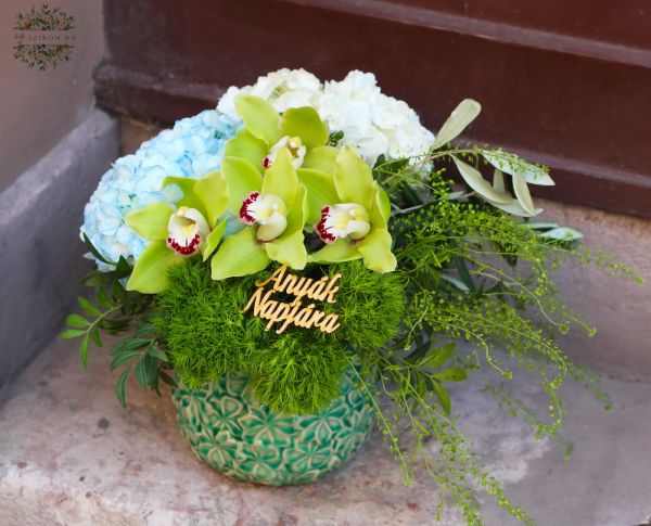 Blumenschale mit blau-grünen Orchideen und Hortensien zum Muttertag