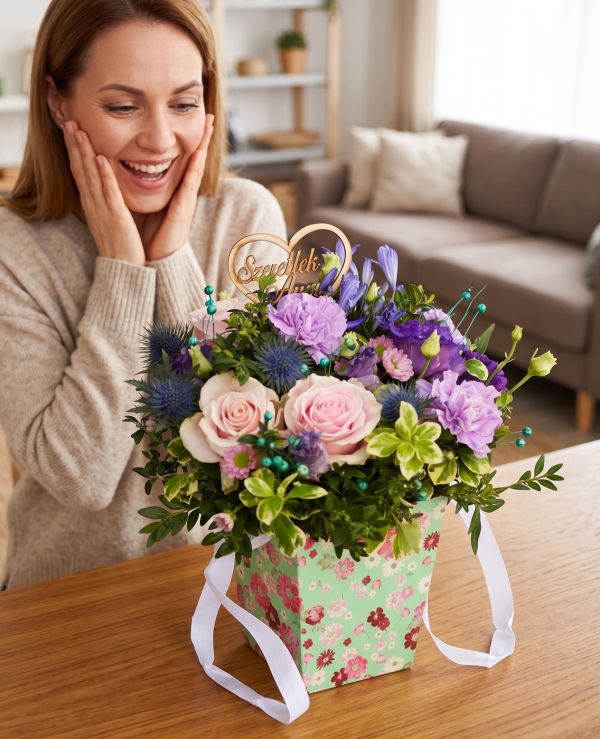 Muttertag Lila Blüten im Blumentasche  - original product photo with AI background