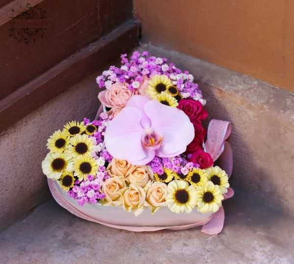 Heart bowl with santinis, spray roses, orchid