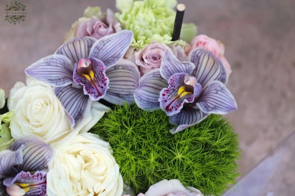 Heart box with special striped orchids and roses (13 flowers)