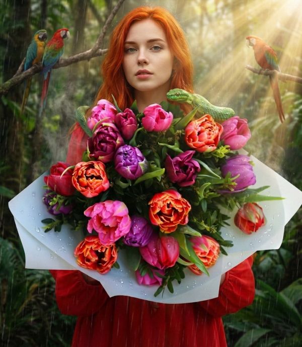 27 double tulips in a bouquet - original product photo with AI background