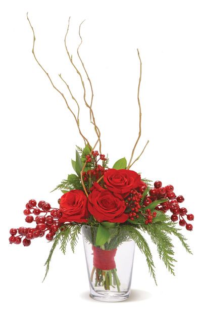 3 red roses with berries and vase