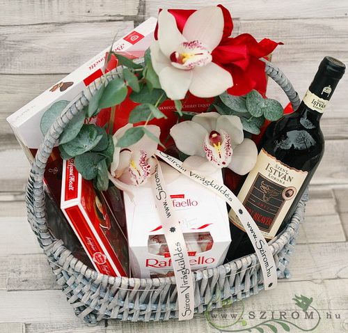 gift basket with orchids, chocolates and whine
