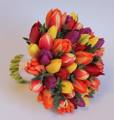 50 tulips in a tight bouquet